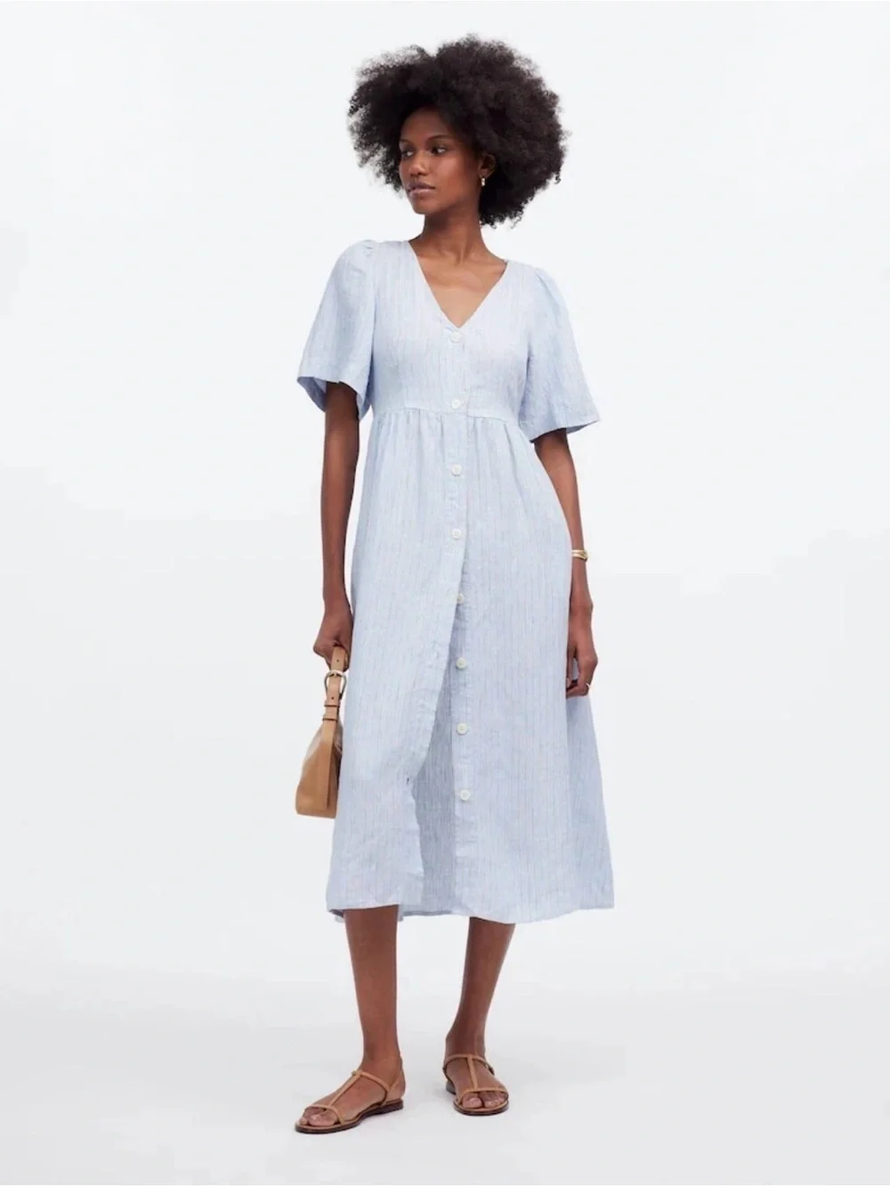 Madewell Cassie Button-Front Midi Dress in Linen Powder Blu Stripe SZ M - Picture 1 of 5
